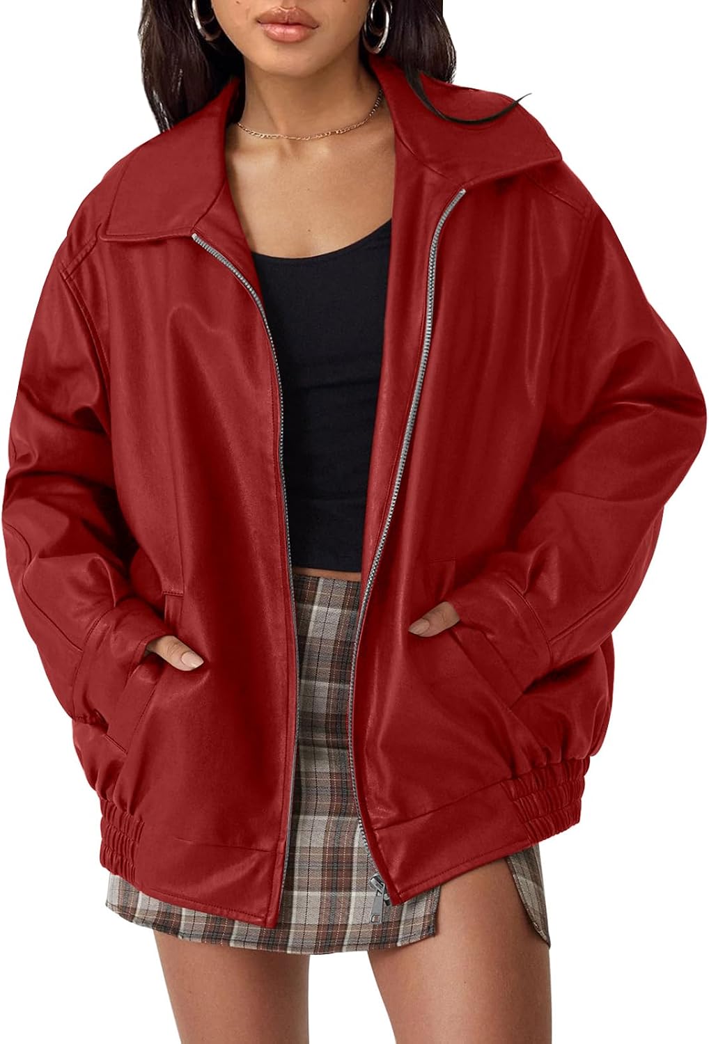 Solveig Women's Oversized Vegan Leather Jacket – Biker Style, Zip-Up Front & Boyfriend Fit
