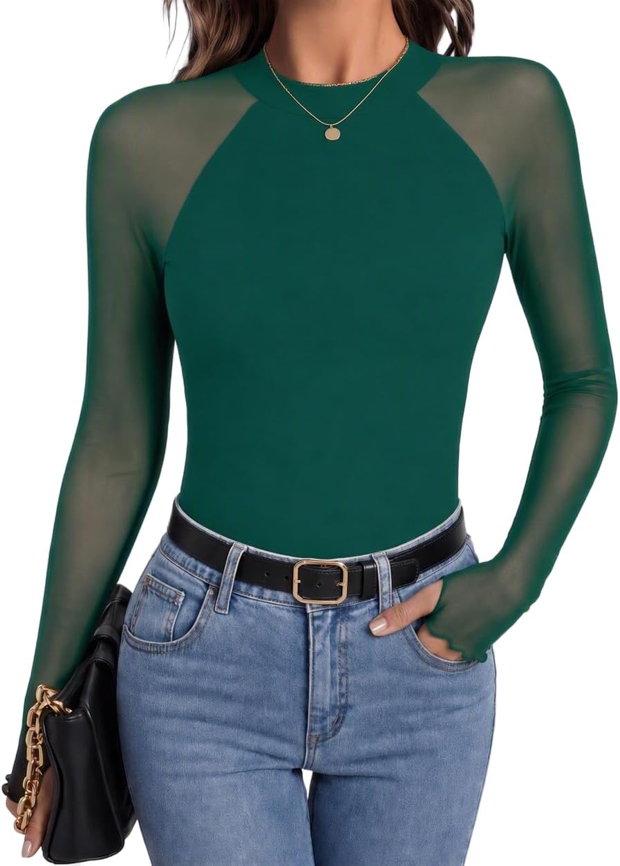 Vianne Women's Floral Mesh Top – Mock Neck, Sheer Raglan Sleeves & Double-Lined Body