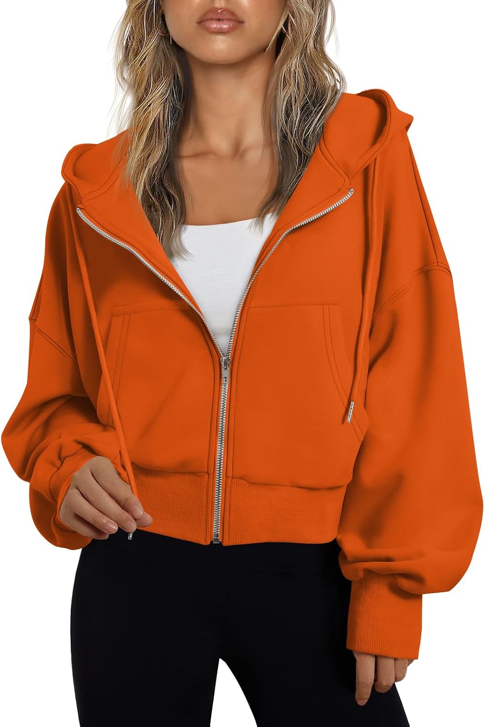 Valko Women's Cropped Zip-Up Hoodie – Dropped-Shoulder Design, Drawstring Hood & Handy Pockets