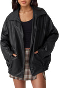 Solveig Women's Oversized Vegan Leather Jacket – Biker Style, Zip-Up Front & Boyfriend Fit