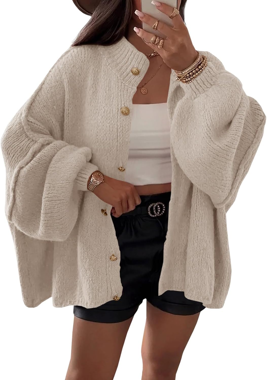 Bexley Women's Oversized Cardigan – Balloon Sleeves, Ribbed Knit Fabric & Button-Up Front