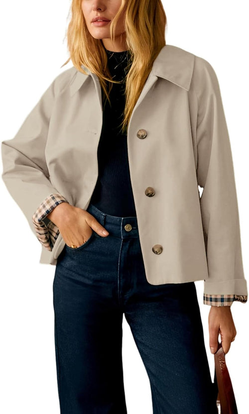 Callum Women's Cropped Trench Jacket – Roomy Fit, Notched Lapel & Plaid Lining