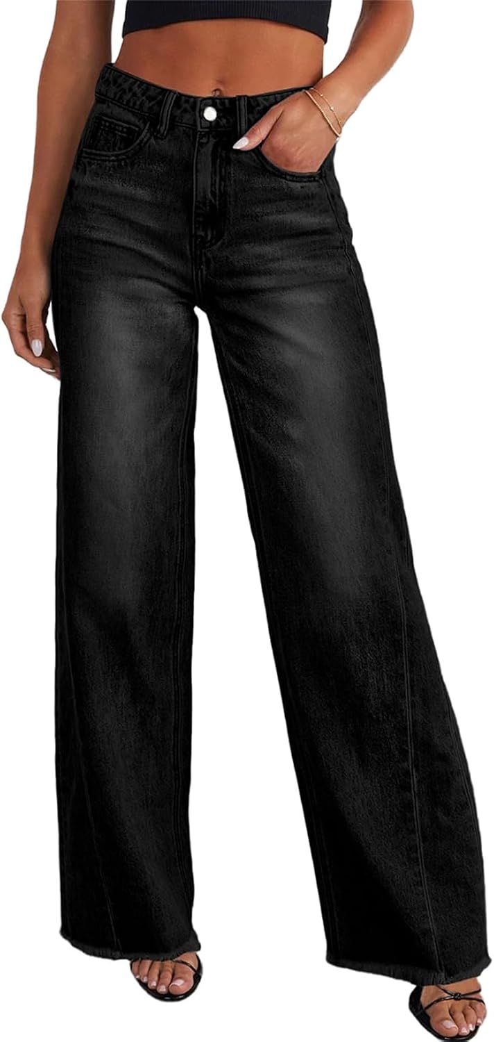 Orabelle Women's Wide-Leg Jeans – High-Rise Waist, Raw Hem & Five-Pocket Design