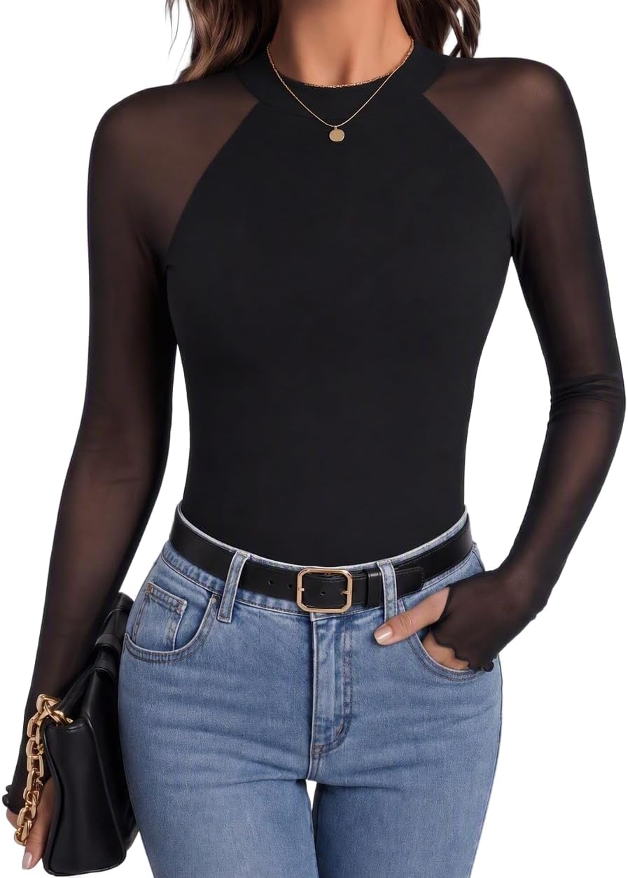 Vianne Women's Floral Mesh Top – Mock Neck, Sheer Raglan Sleeves & Double-Lined Body