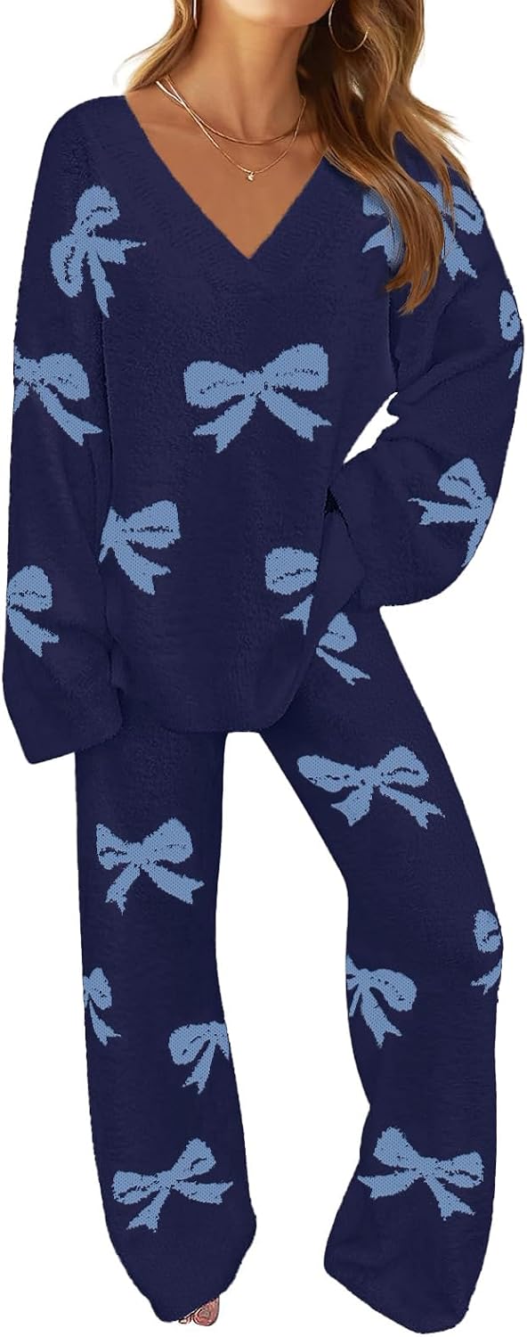 Kalinda Women's Fleece Lounge Set – V-Neckline Top, Wide-Leg Pants & Drawstring Waist