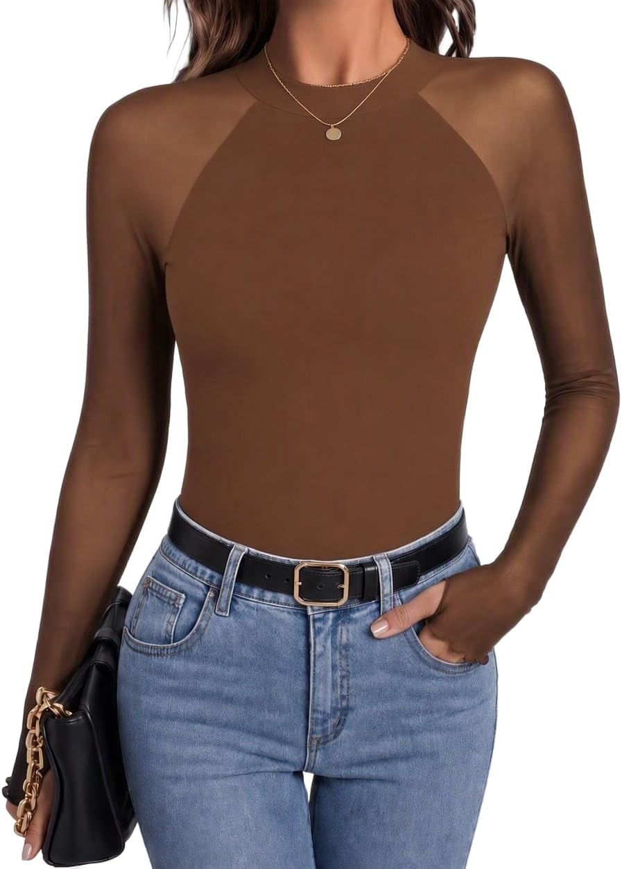Vianne Women's Floral Mesh Top – Mock Neck, Sheer Raglan Sleeves & Double-Lined Body
