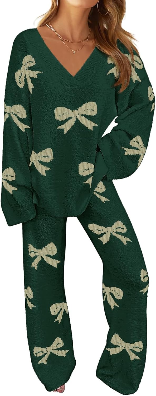 Kalinda Women's Fleece Lounge Set – V-Neckline Top, Wide-Leg Pants & Drawstring Waist