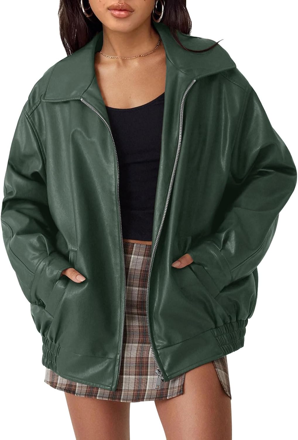 Solveig Women's Oversized Vegan Leather Jacket – Biker Style, Zip-Up Front & Boyfriend Fit