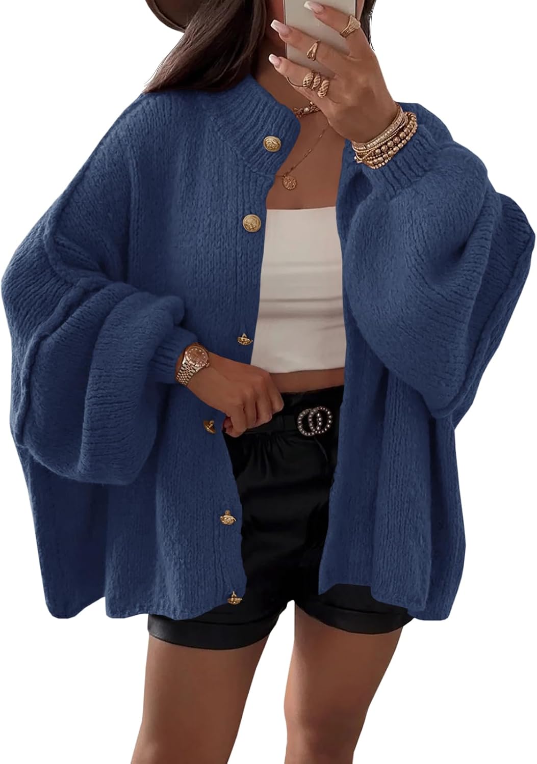 Bexley Women's Oversized Cardigan – Balloon Sleeves, Ribbed Knit Fabric & Button-Up Front
