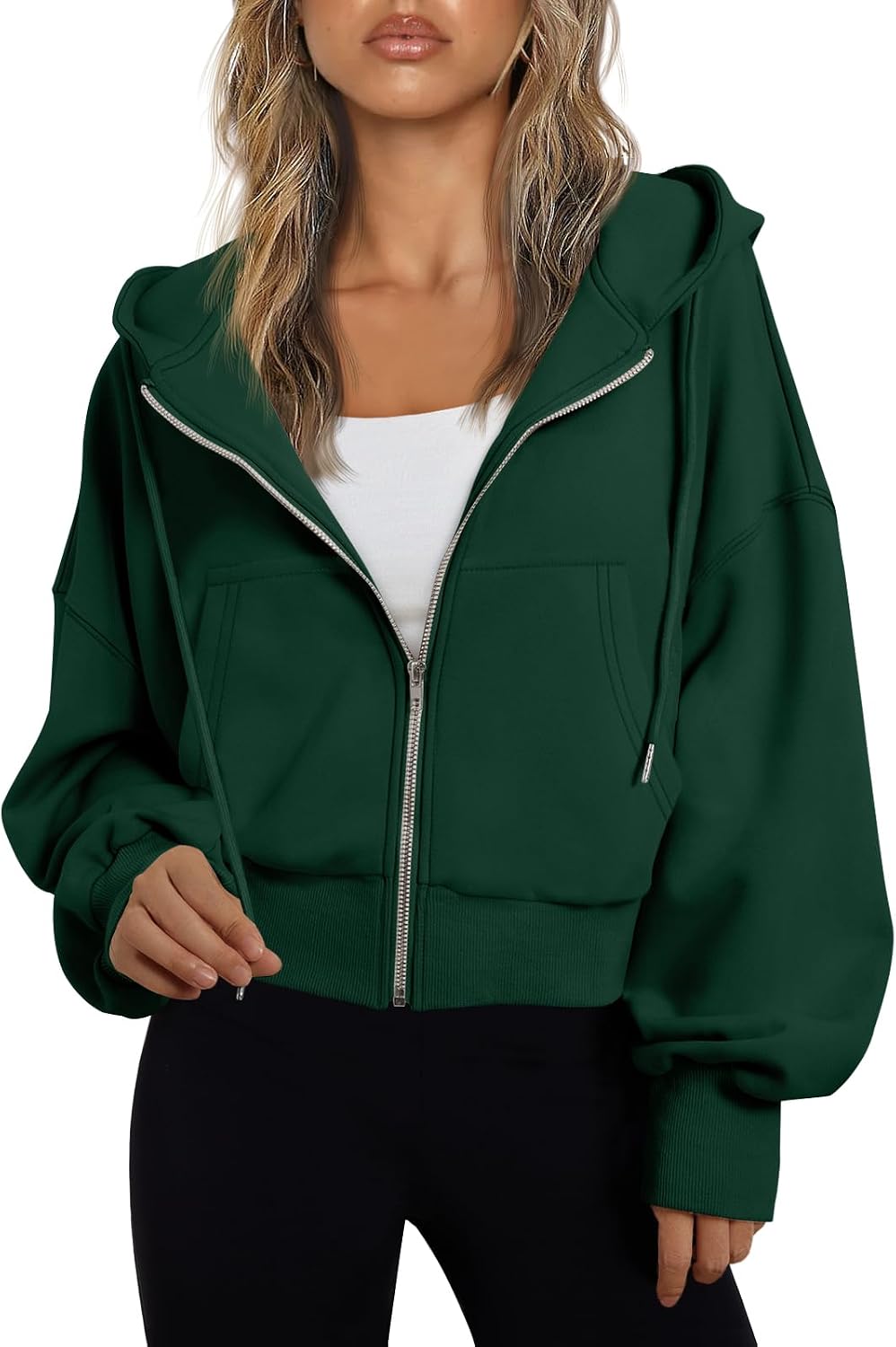 Valko Women's Cropped Zip-Up Hoodie – Dropped-Shoulder Design, Drawstring Hood & Handy Pockets