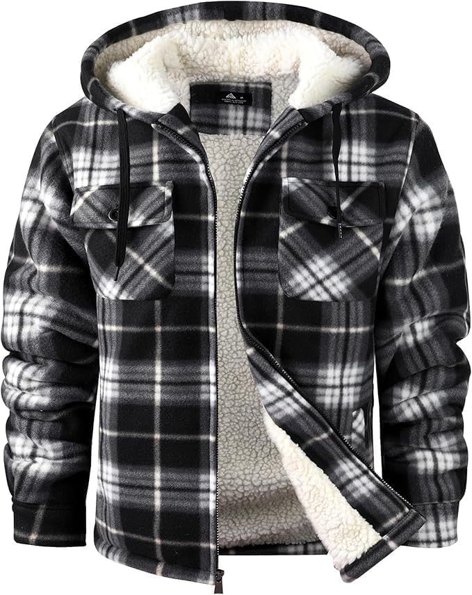 Gwendolyn Men's Plaid Flannel Jacket – Sherpa Lined, With Hood, Full-Length Zipper & 4 Handy Pockets