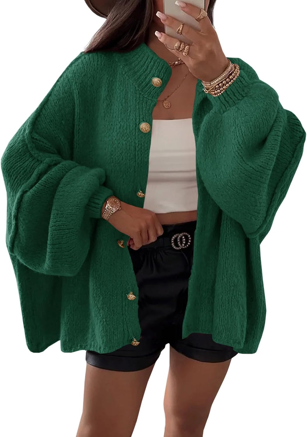 Bexley Women's Oversized Cardigan – Balloon Sleeves, Ribbed Knit Fabric & Button-Up Front