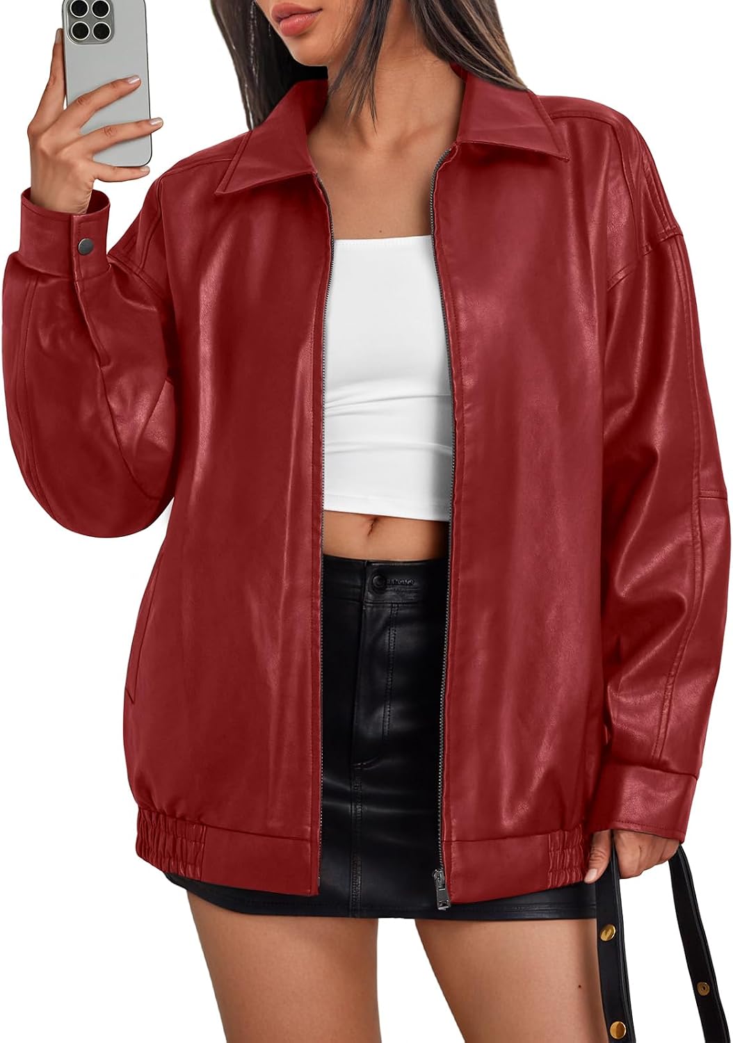 Quinlan Women's Vegan Leather Bomber Jacket – Oversized Boyfriend Fit & Zip-Up Front