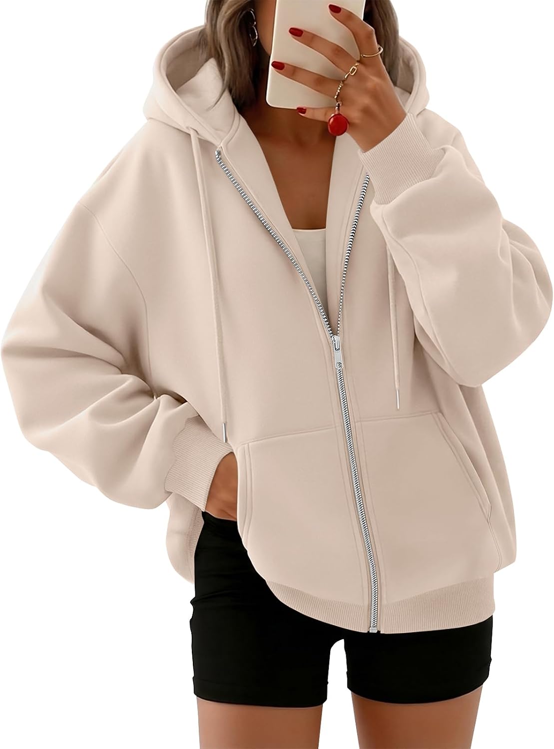 Tavish Women's Oversized Zip-Up Hoodie – Fleece, Drawstring Hood & Side Slip Pockets