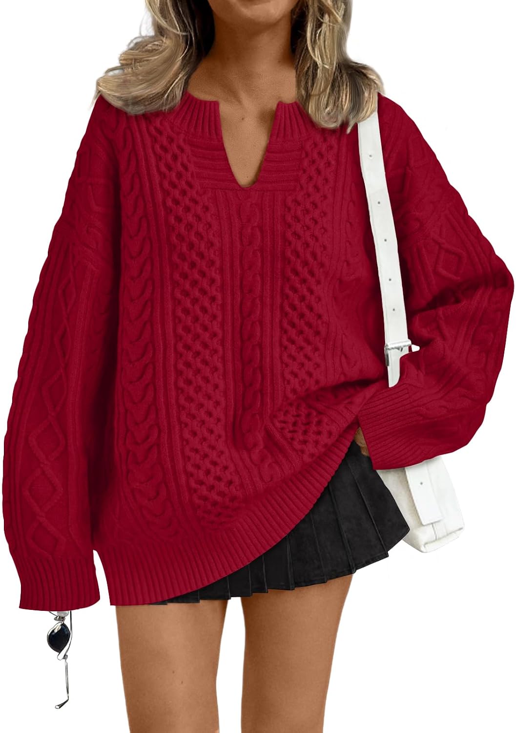 Draycen Women's Cable Knit V-Neckline Sweater – Dropped-Shoulder Design, Ribbed Detailing & Easy Fit