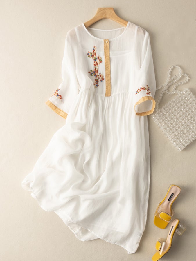 Tavish Women's Dress – Embroidered Cotton-Linen Dress with Ethnic-Inspired Design and Easy Fit