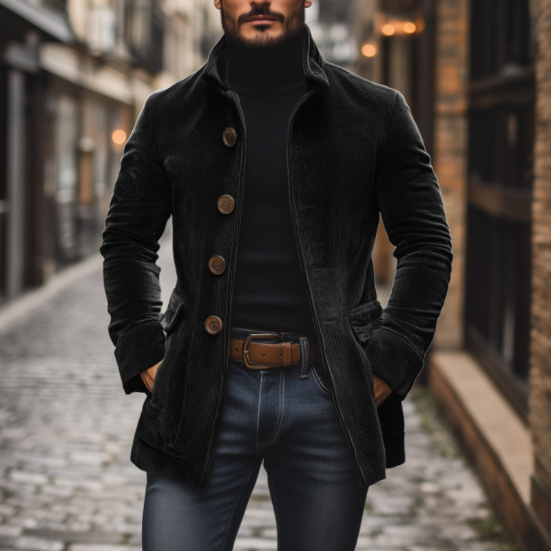 Valdemar Men's Corduroy Coat – Fitted Silhouette with Mandarin Collar & Sophisticated Side Slip Pockets