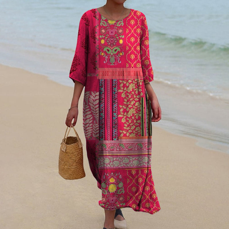 Xylia Women's Maxi Dress – Red Ethnic Bohemian Print in Airy, Flowing Cotton