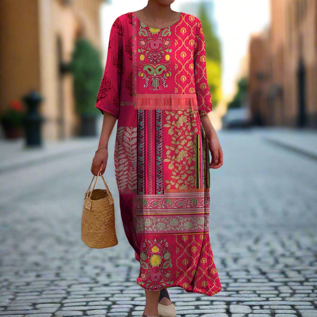 Xylia Women's Maxi Dress – Red Ethnic Bohemian Print in Airy, Flowing Cotton