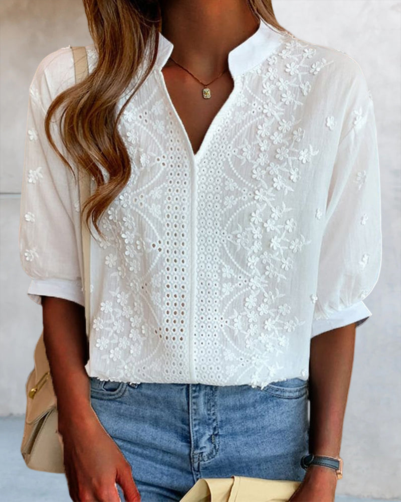 Kester Women's Blouse – V-Neckline Top with Puff Sleeves, Cotton-Blend Fabric & Patchwork Accents