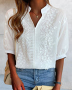 Kester Women's Blouse – V-Neckline Top with Puff Sleeves, Cotton-Blend Fabric & Patchwork Accents