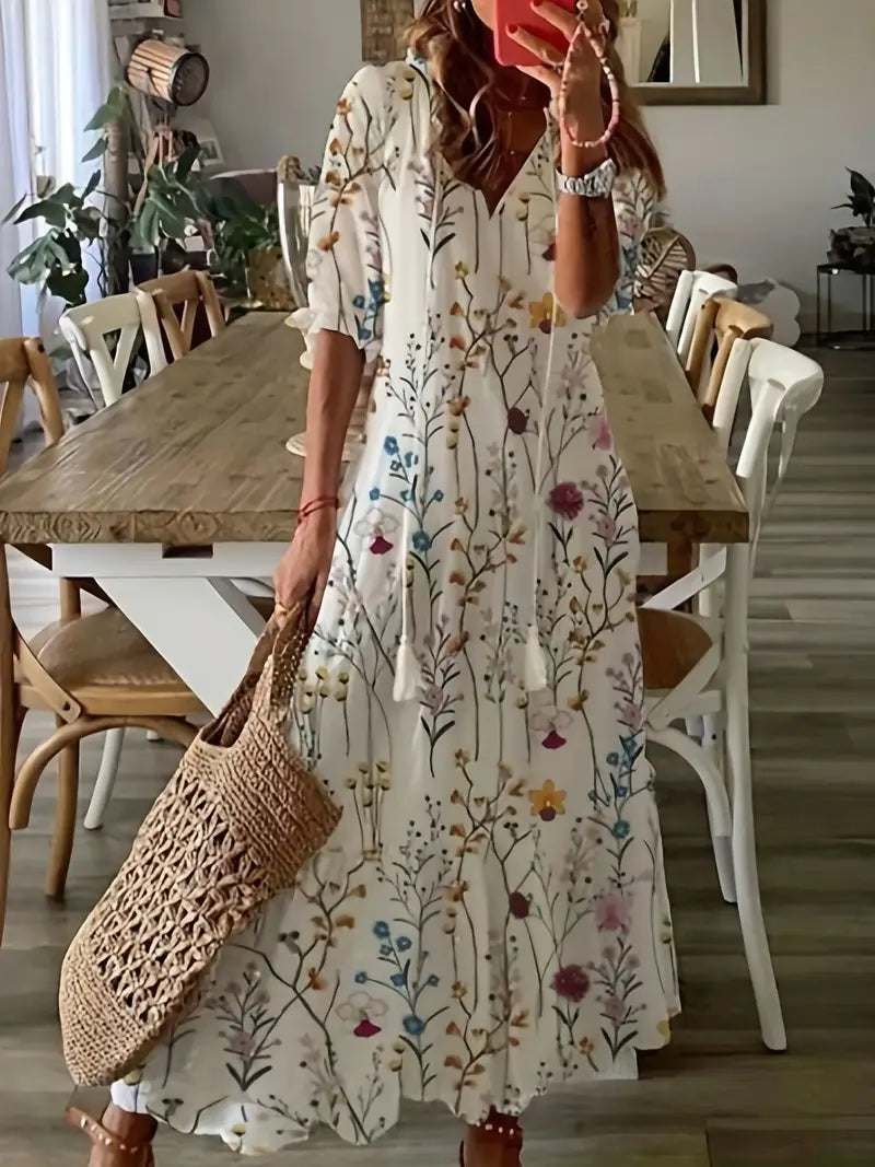 Corvin Women's Boho Dress – Refined Ruffled Summer Dress with V-Neckline & Ikat Print
