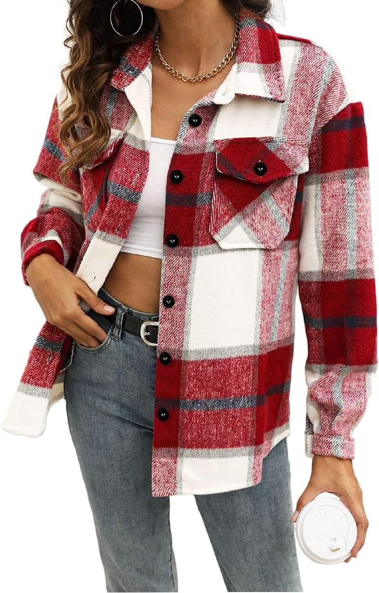 Xerxine Women's Plaid Shacket – Relaxed Silhouette, Button-Up Front & Front Chest Pockets