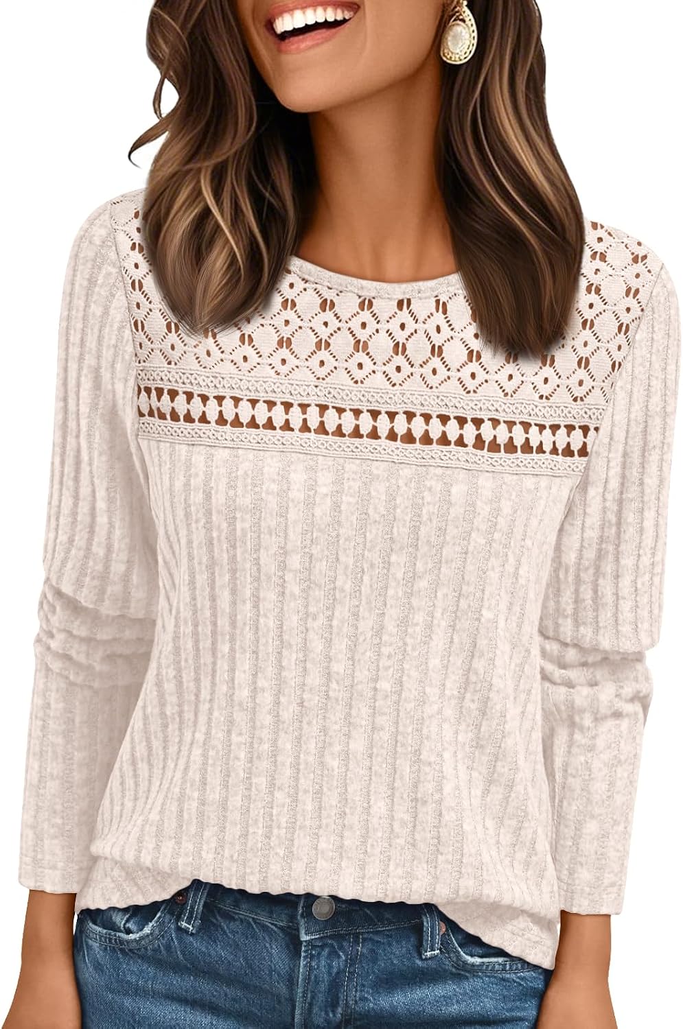 Ulrike Women's Lace Ribbed Top – Crewneck, Full-Length Sleeves & Fitted Silhouette