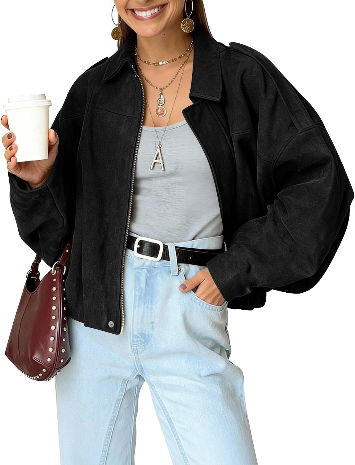 Nectaria Women's Faux Suede Bomber Jacket – Cropped Fit, Dolman Sleeves & Zip-Up Front