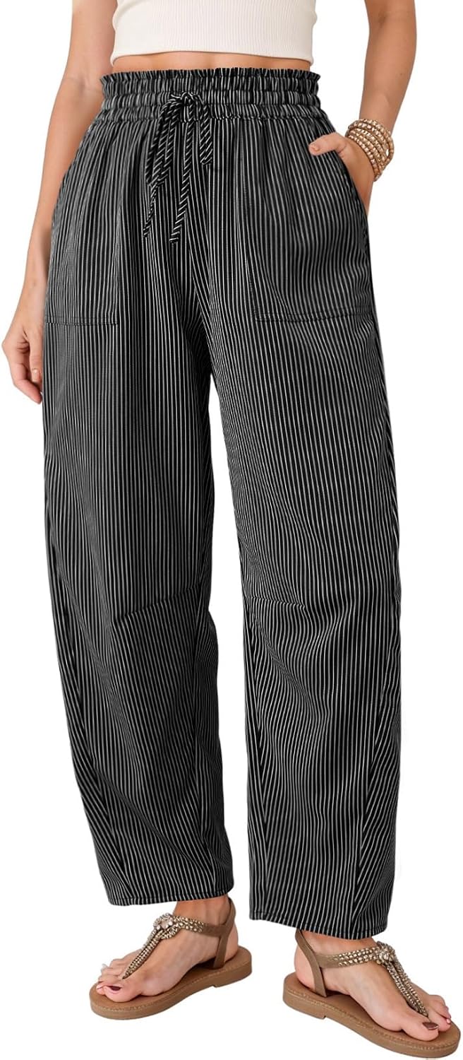Sabelle Women's Striped Barrel-Leg Trousers – Paper-Bag Waist, Drawstring & Handy Pockets