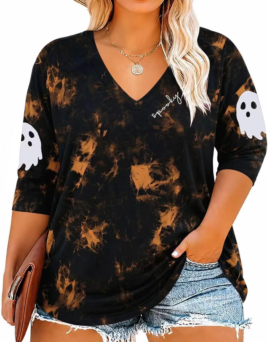 Pryderi Women's V-Neckline Top – 3/4 Sleeves, Printed Design & Relaxed Plus-Size Fit