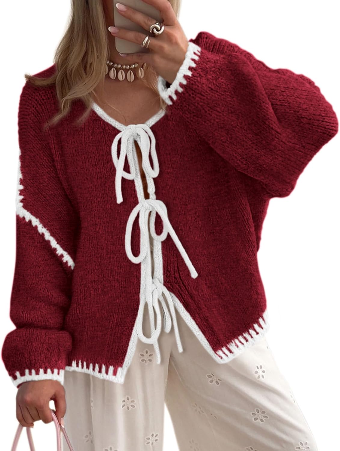 Jaspar Women's Cable Knit Cardigan – Tie Front, Puff Sleeves & Roomy Fit