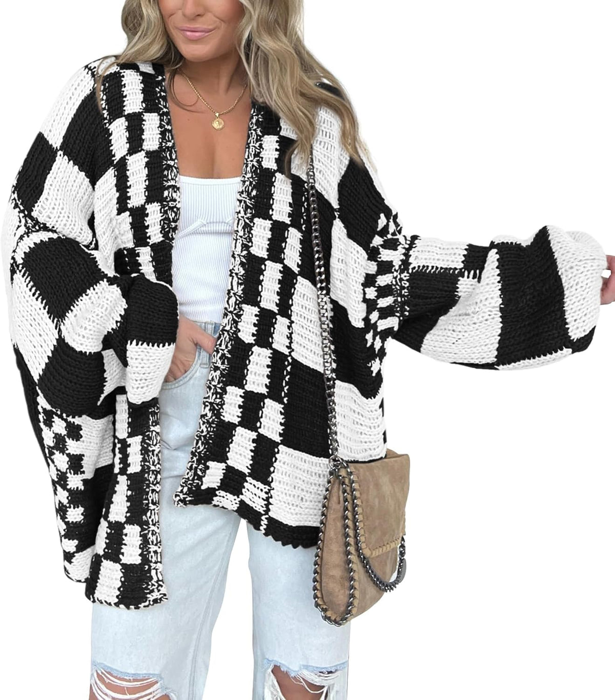Hjalmar Women's Checkered Knit Cardigan – Open-Front Design, V-Neckline & Comfortable Fit