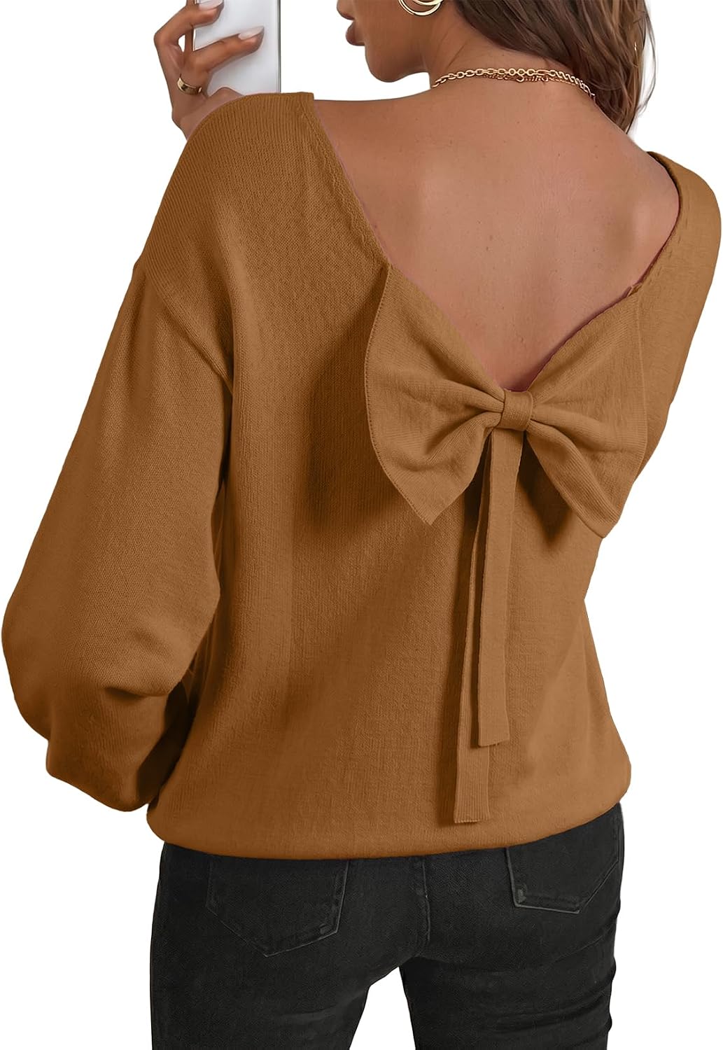 Aldric Women's Back Bow Knit Sweater – Open Back, Balloon Sleeves & Comfortable Fit