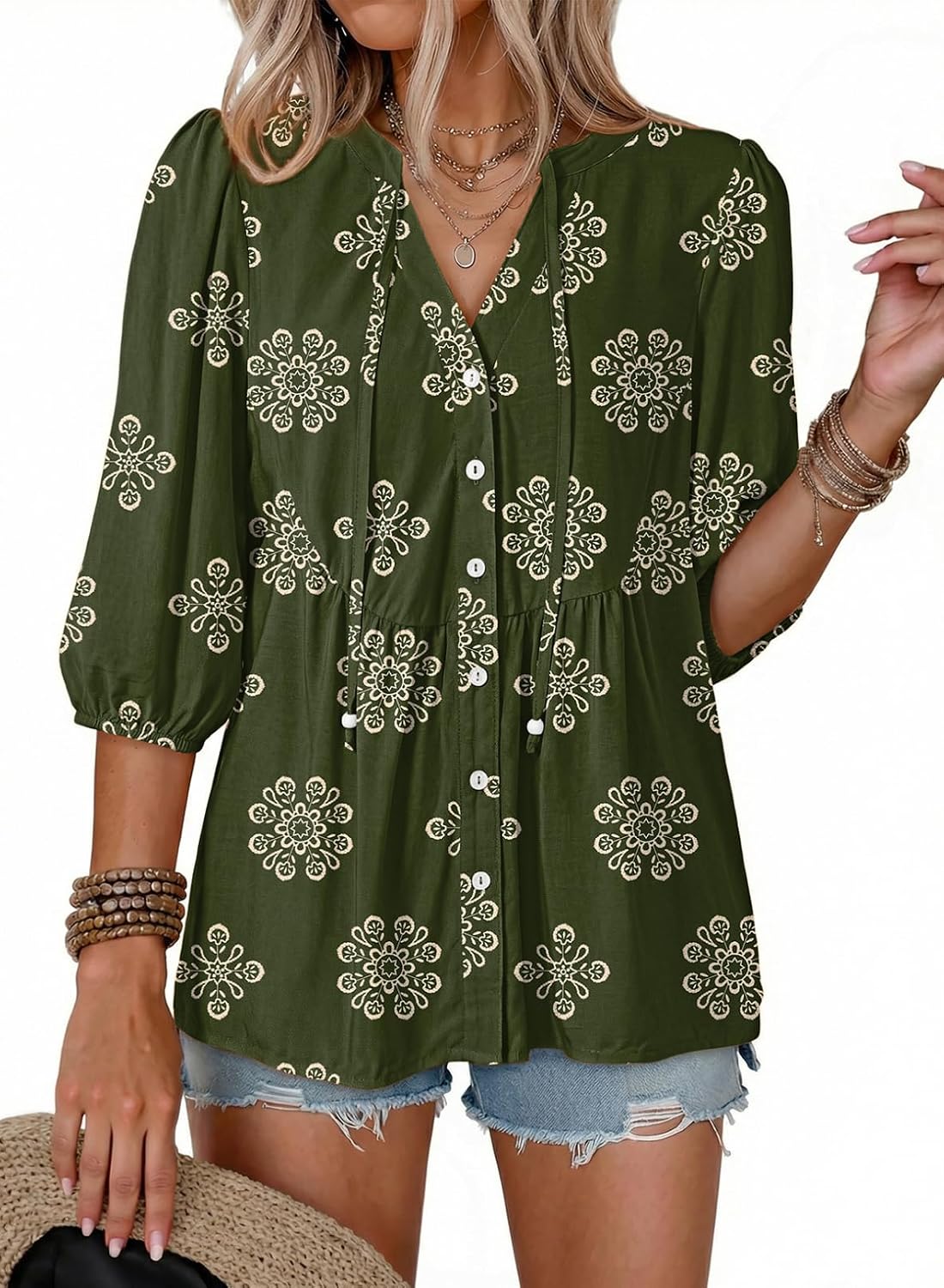 Adalgisa Women's Floral Peplum Blouse – V-Neckline, Tie Front & Button-Down Design