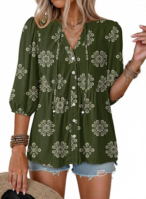 Adalgisa Women's Floral Peplum Blouse – V-Neckline, Tie Front & Button-Down Design