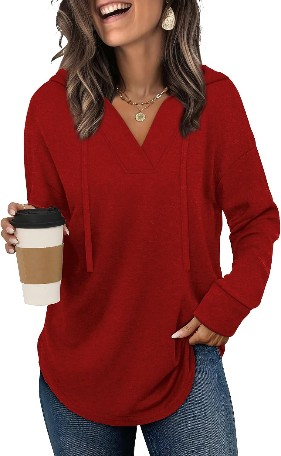Eowyn Women's V-Neckline Hoodie – Asymmetric Hem, Full-Length Sleeves & Comfortable Fit