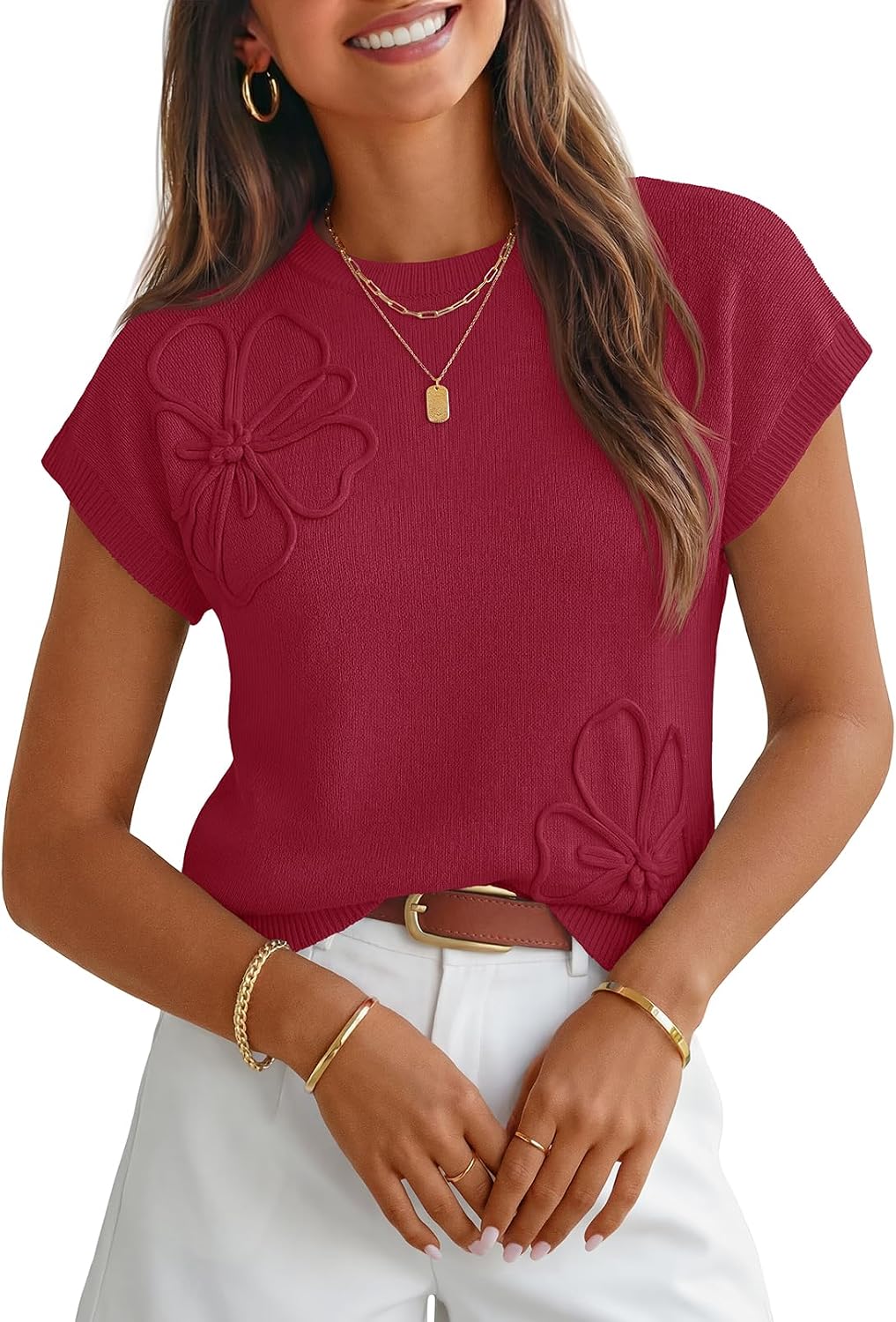 Florentine Women's 3D Floral Knit Top – Cap Sleeves, Crewneck & Comfortable Fit