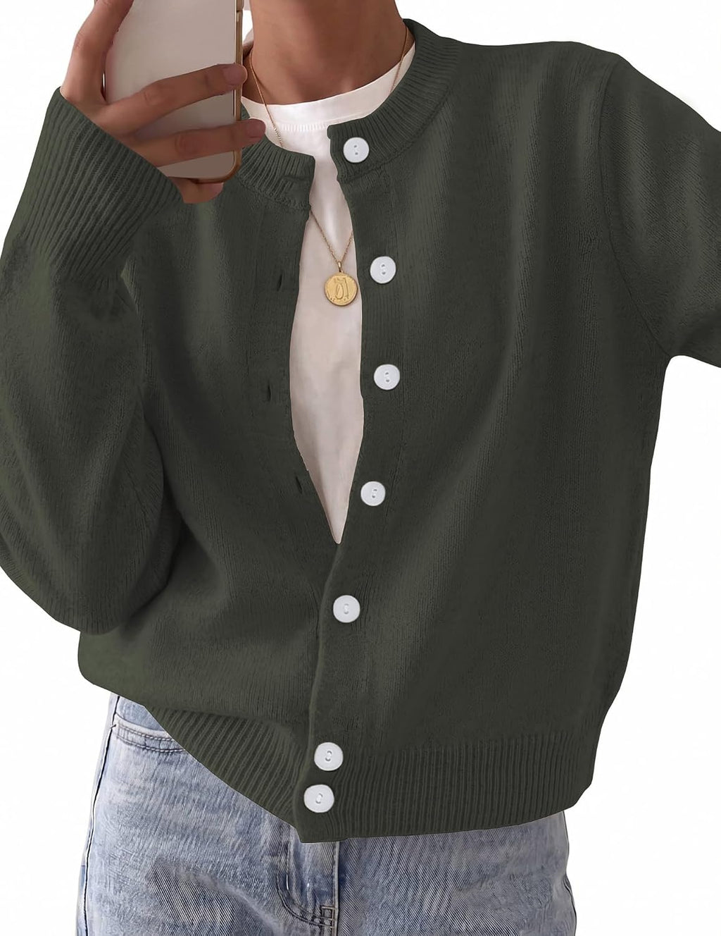 Rosalie Women's Knit Cardigan – Cropped Crew Neck Button-Up Wool Blend Sweater