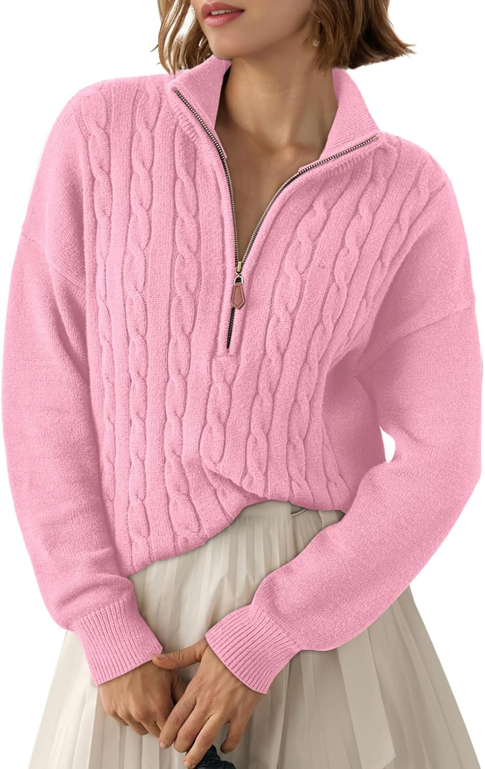 Eowyn Women's Ribbed Quarter-Zip Sweater – V-Neckline, Dropped-Shoulder Design & Comfortable Fit