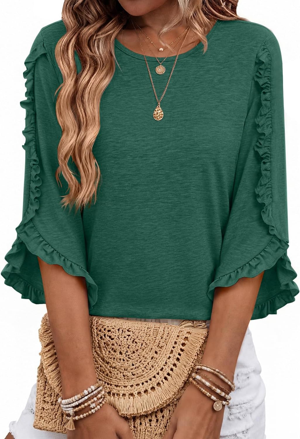 Adalgisa Women's Ruffle Trim Top – Crewneck, 3/4 Sleeves & Easy Fit