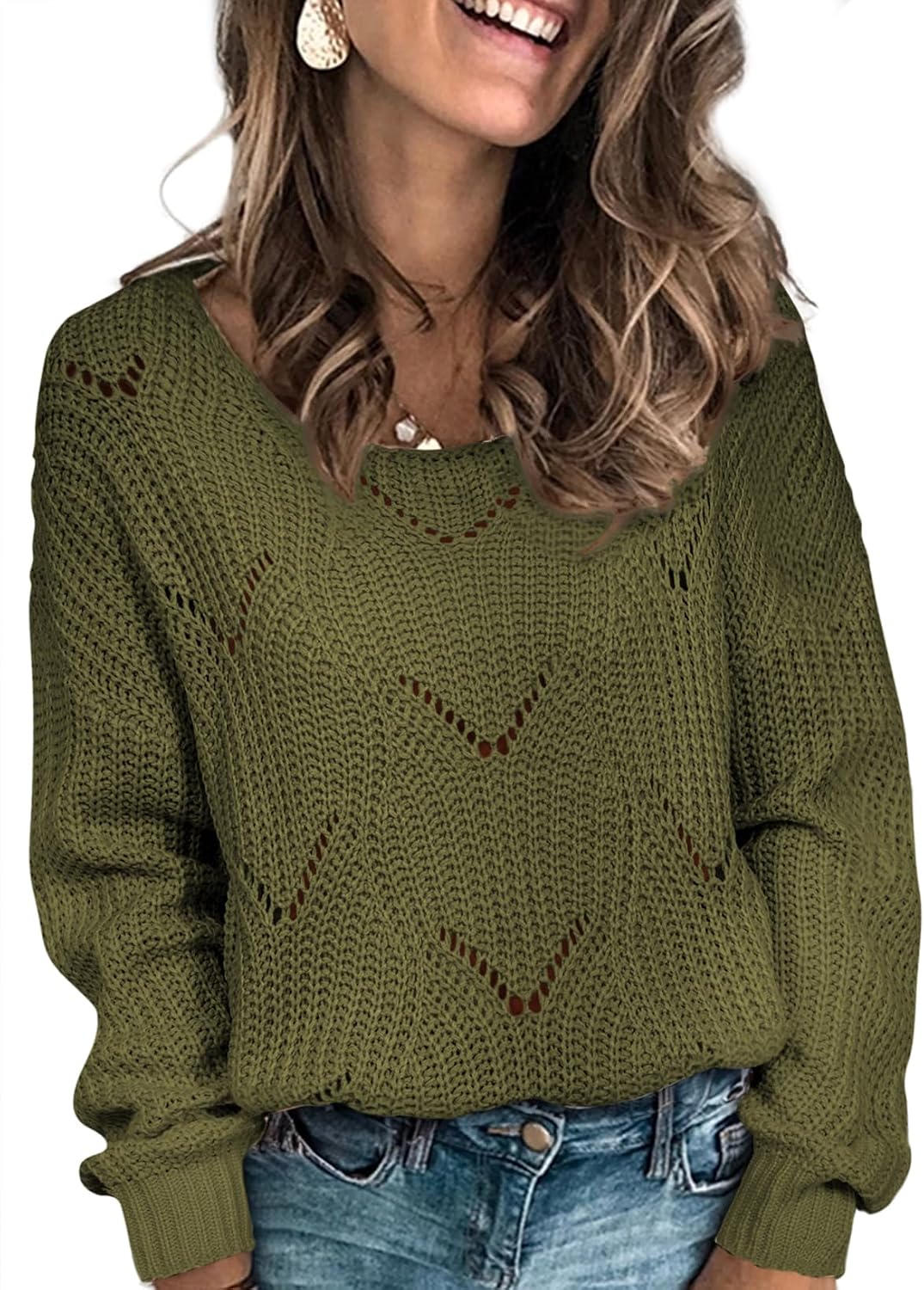 Ingrida Women's Hollow Knit Sweater – Convertible Neckline, Full-Length Sleeves & Relaxed Silhouette