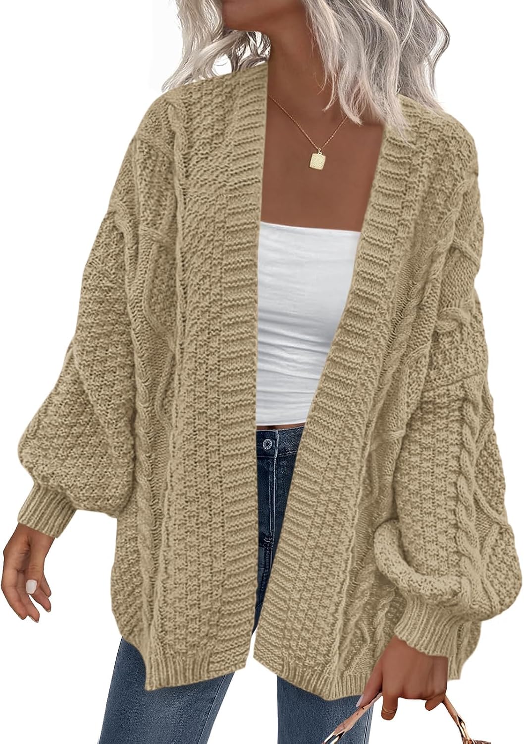 Rasmus Women's Cable Knit Cardigan – Balloon Sleeves, Dropped-Shoulder Design & Roomy Fit
