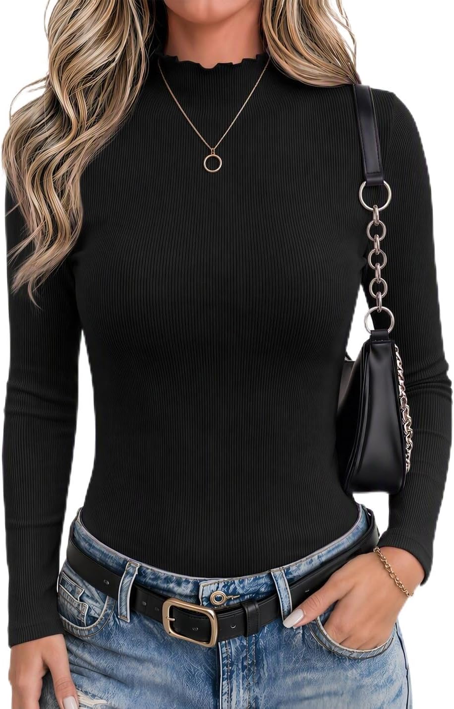 Lorenza Women's Ribbed Mock Neck Top – Lettuce Trim, Full-Length Sleeves & Slim Stretch Fit