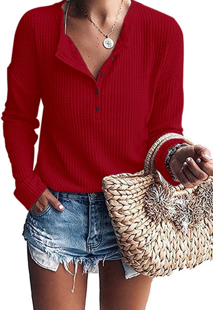 Tullia Women's Waffle Knit Henley Top – V-Neckline, Dolman Sleeves & Comfortable Fit