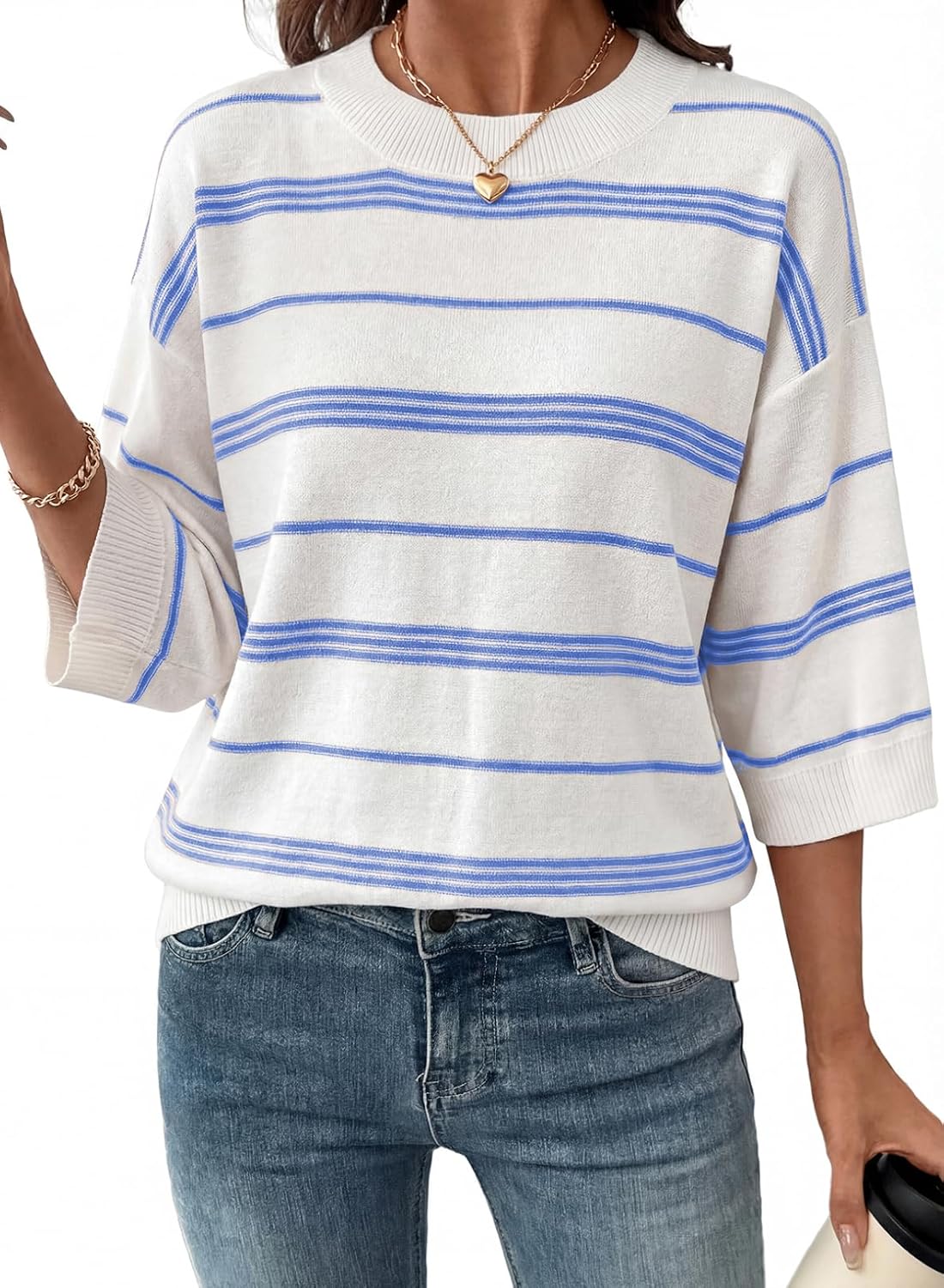 Wystanne Women's Colourblock Sweater – 3/4 Sleeves, Dropped-Shoulder Design & Loose Silhouette