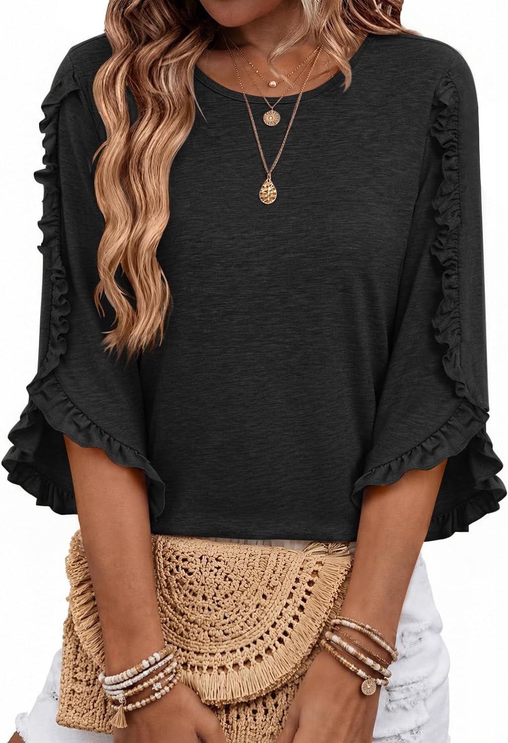Adalgisa Women's Ruffle Trim Top – Crewneck, 3/4 Sleeves & Easy Fit