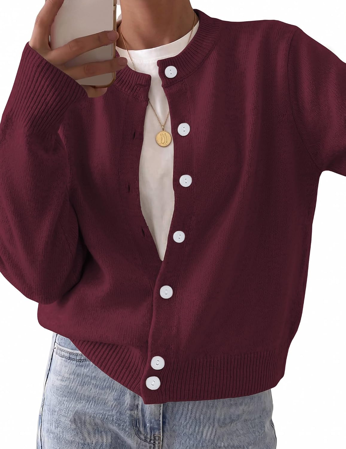 Rosalie Women's Knit Cardigan – Cropped Crew Neck Button-Up Wool Blend Sweater