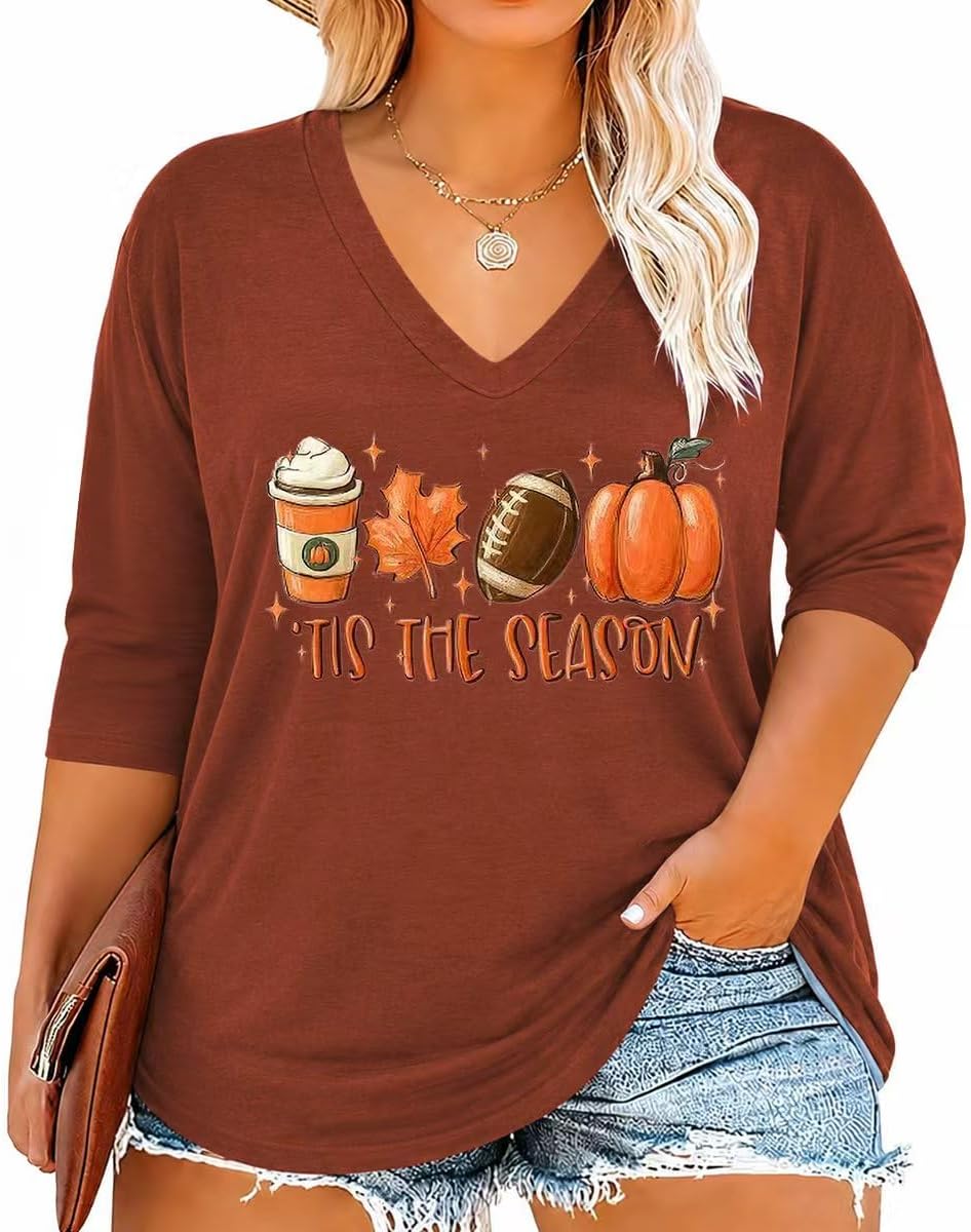 Pryderi Women's V-Neckline Top – 3/4 Sleeves, Printed Design & Relaxed Plus-Size Fit