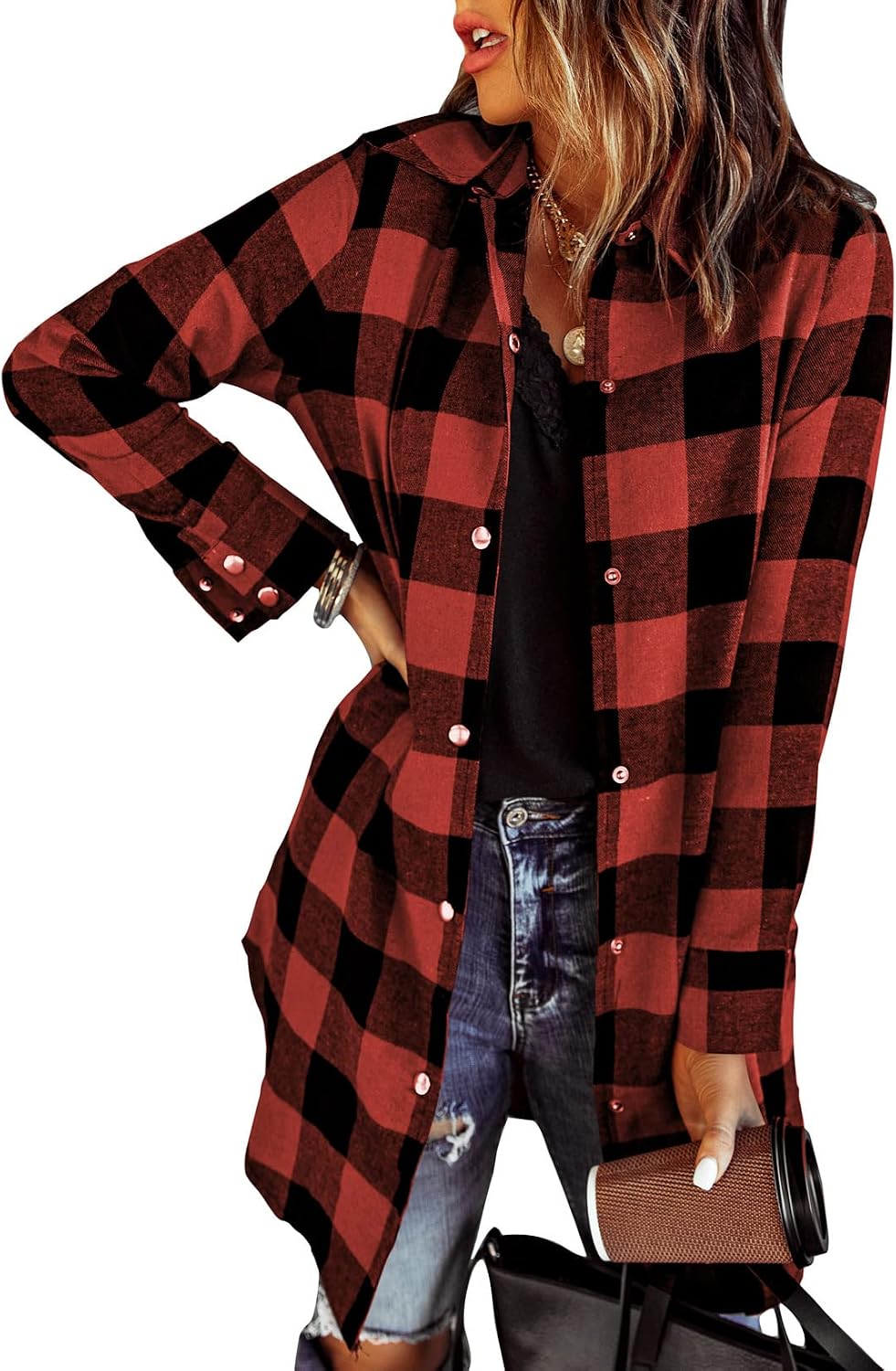 Farah Women's Plaid Shacket – Button-Up Front, Boyfriend Fit & Handy Pockets
